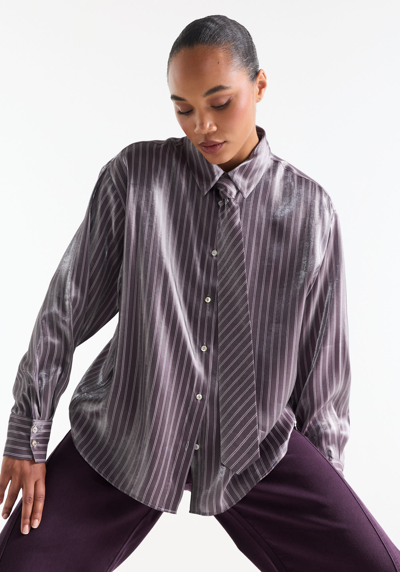Jansen Amsterdam Inge gestreepte blouse met das paars