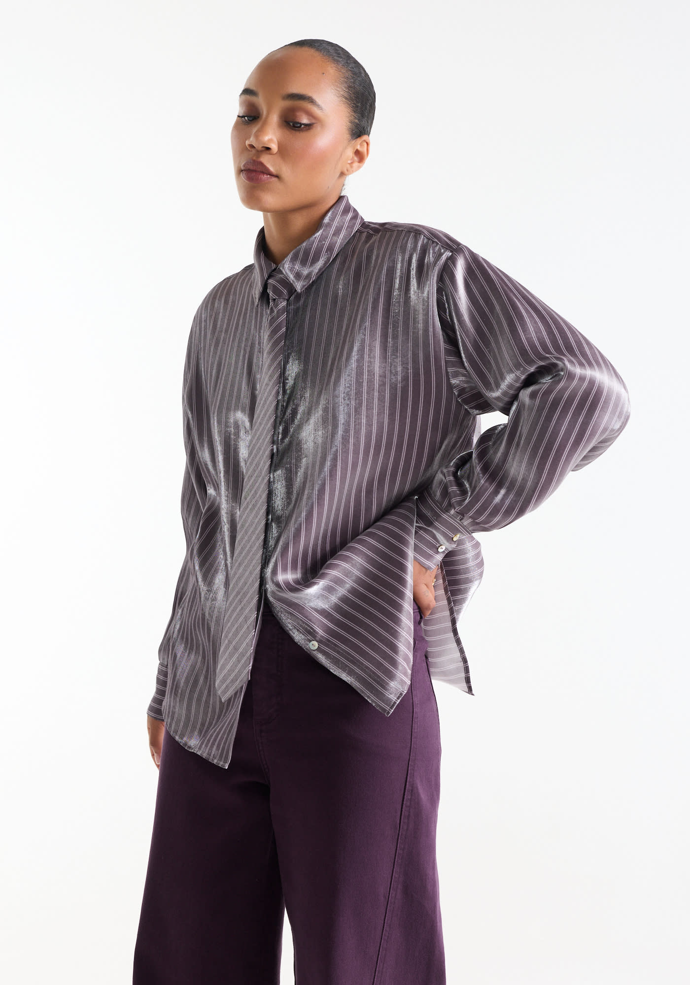 Jansen Amsterdam Inge gestreepte blouse met das paars