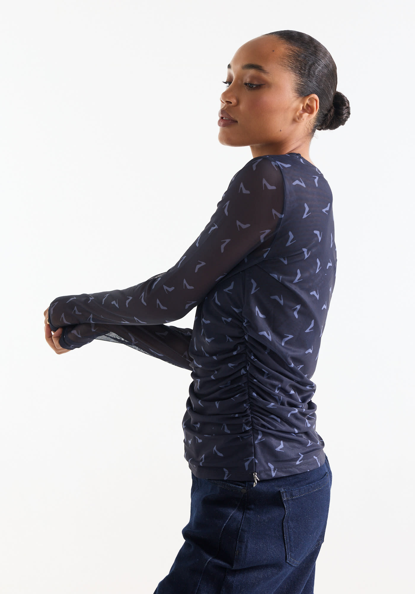 Jansen Amsterdam Jenny mesh top met print donkerblauw