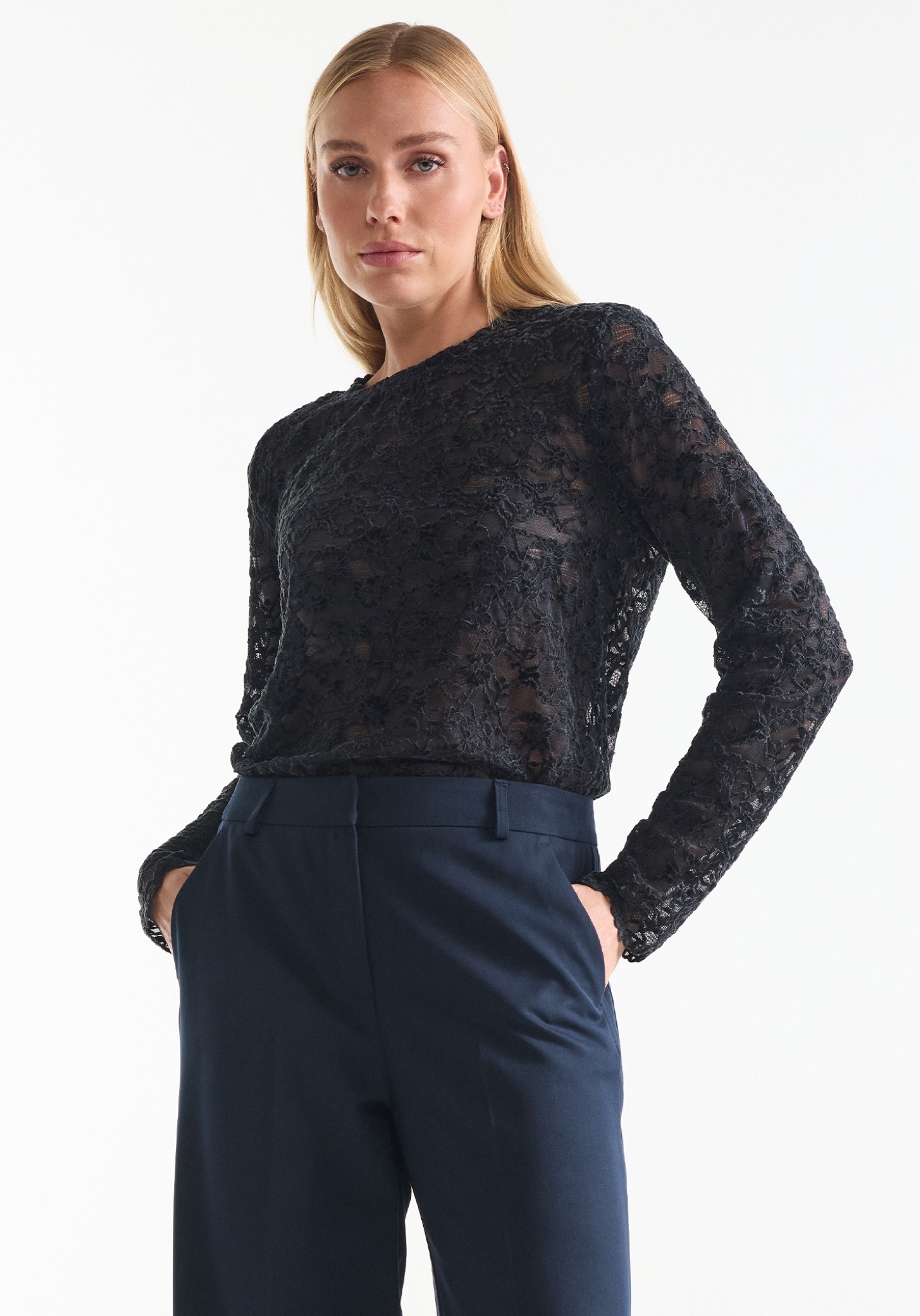Jansen Amsterdam Kiki kanten top lange mouw donkerblauw