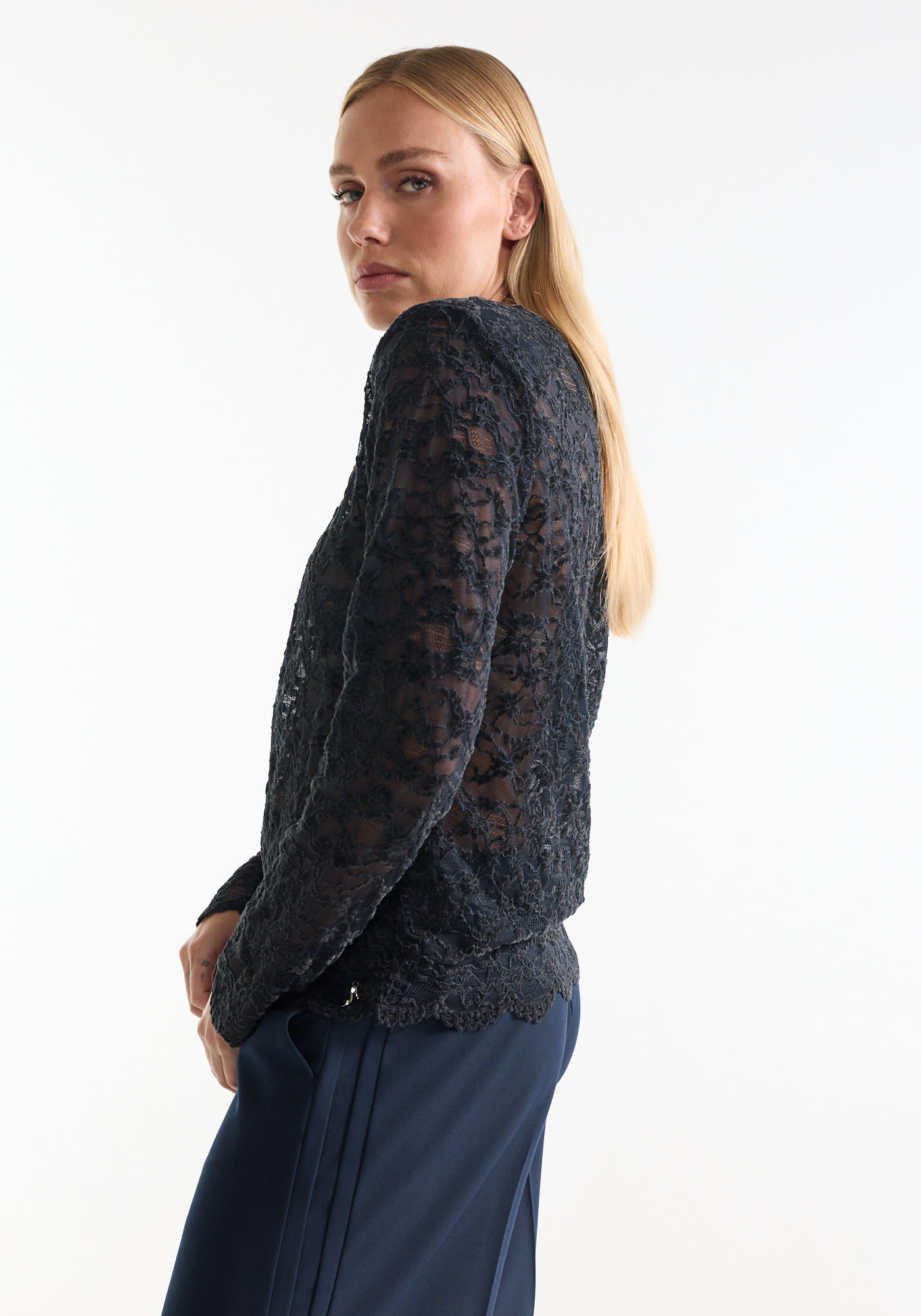 Jansen Amsterdam Kiki kanten top lange mouw donkerblauw