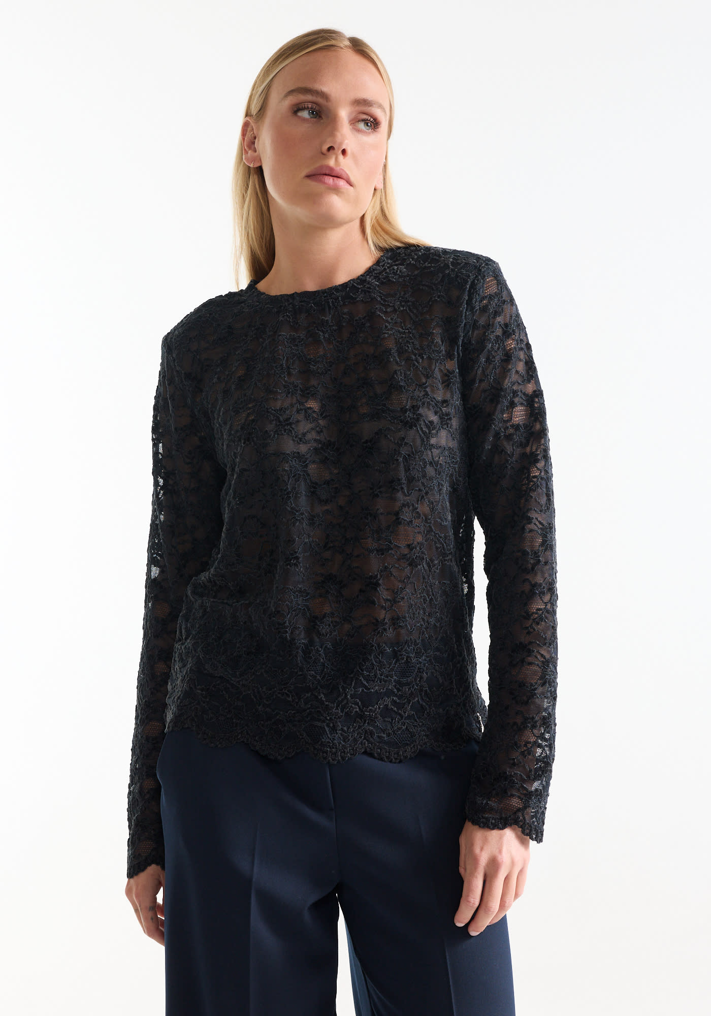 Jansen Amsterdam Kiki kanten top lange mouw donkerblauw