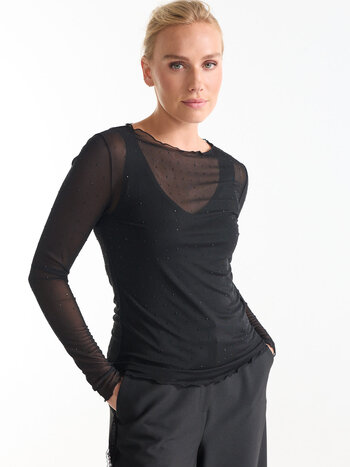 Jansen Amsterdam Kitty mesh top met steentjes zwart