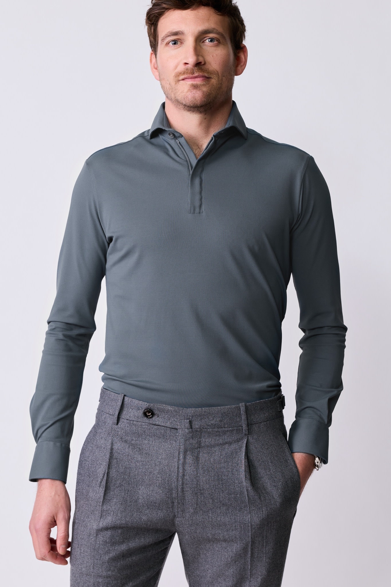 John Miller Hyperstretch polo met rits lange mouw staalblauw
