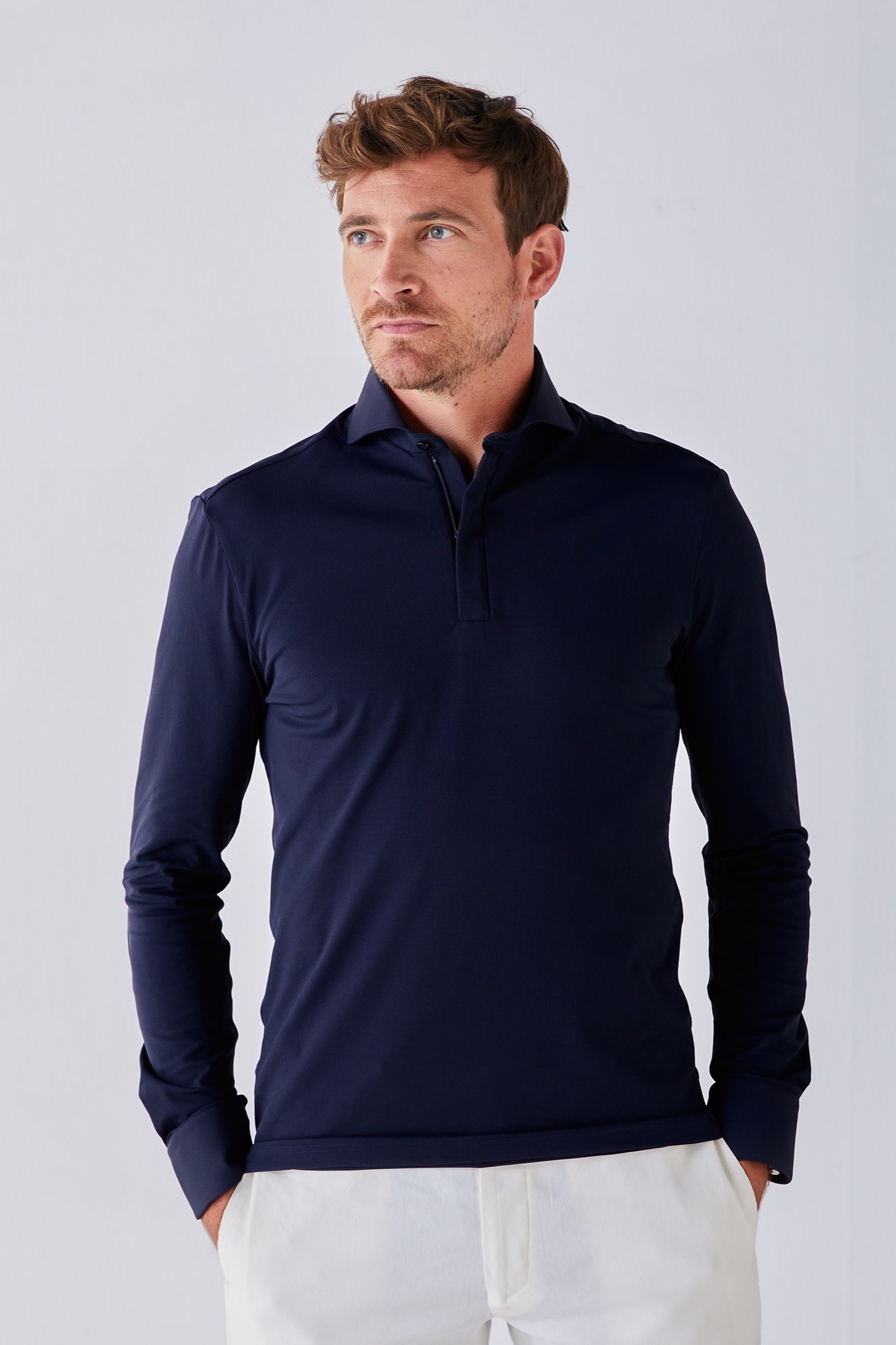 John Miller Hyperstretch polo met rits lange mouw donkerblauw