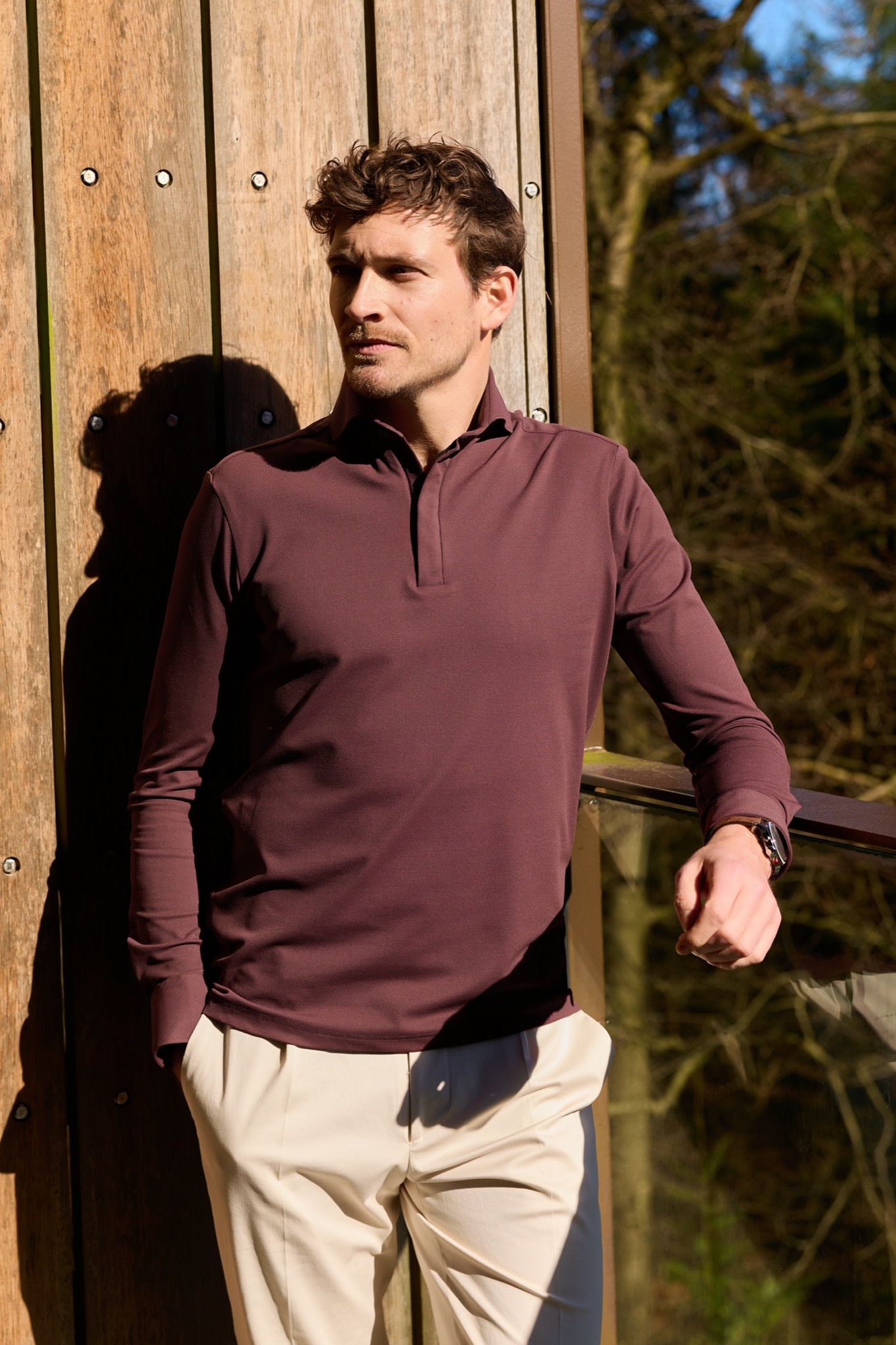 John Miller Hyperstretch polo met rits lange mouw donkerrood