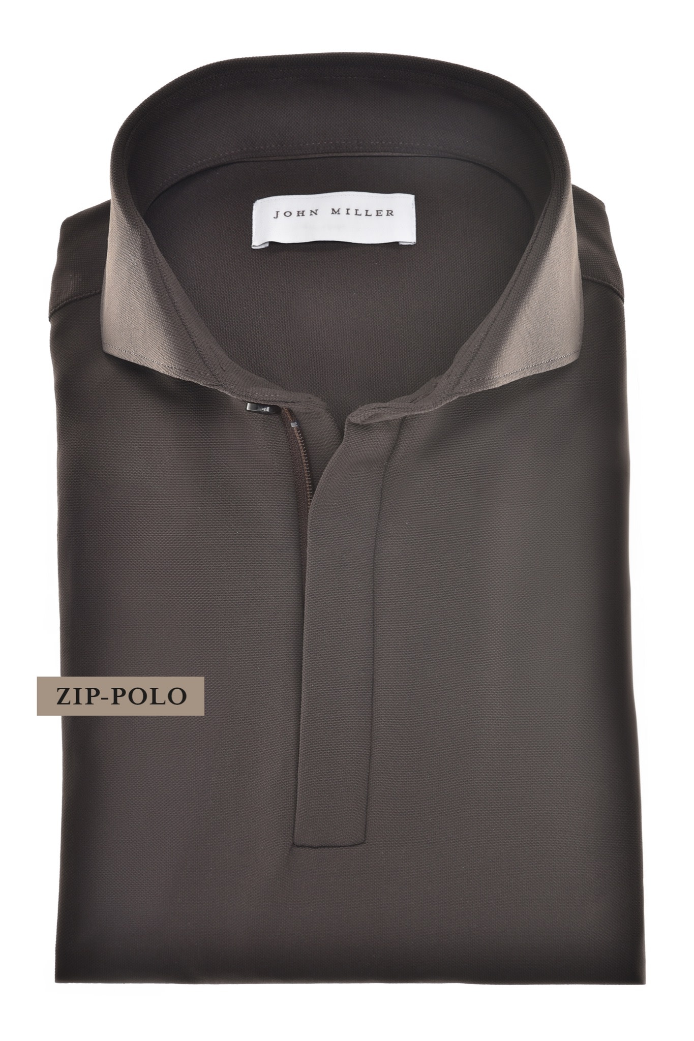 John Miller Hyperstretch polo met rits lange mouw donkerbruin