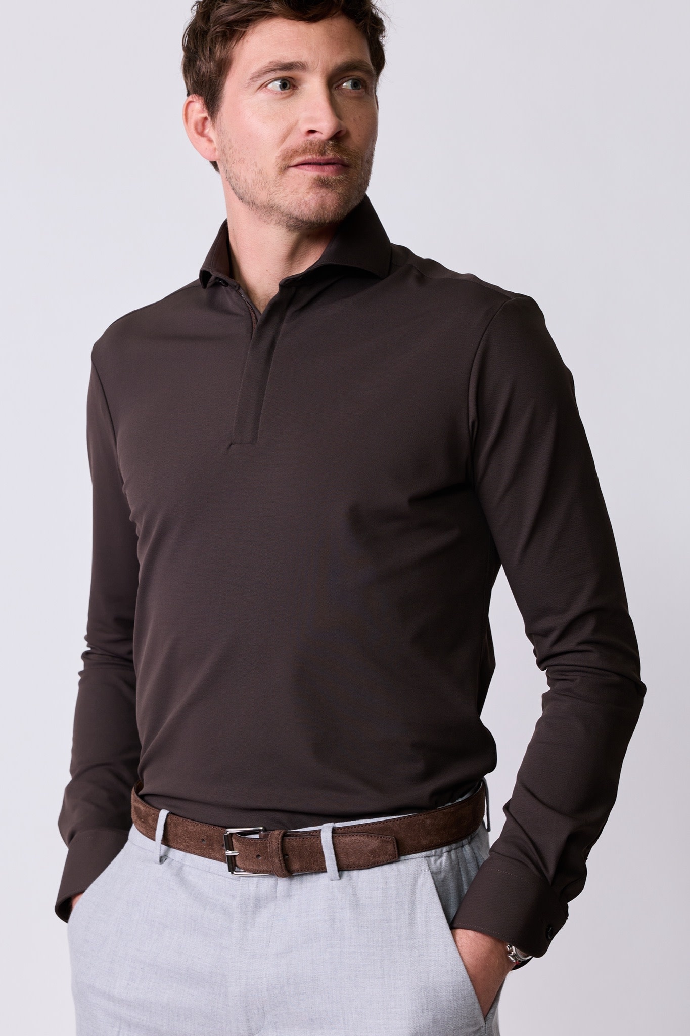 John Miller Hyperstretch polo met rits lange mouw donkerbruin