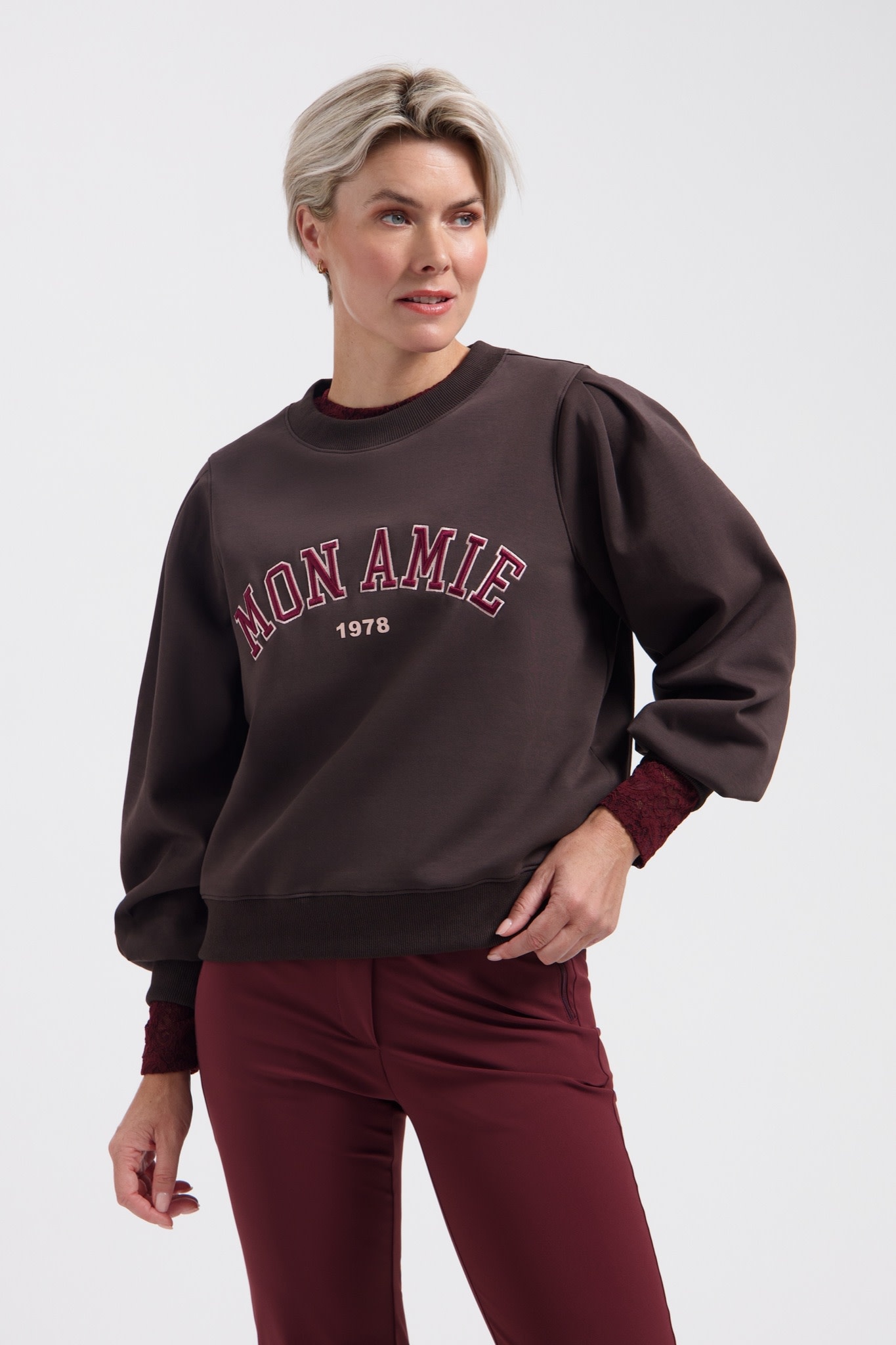 LADY DAY Mon Amie sweater met wijde mouw donkerbruin