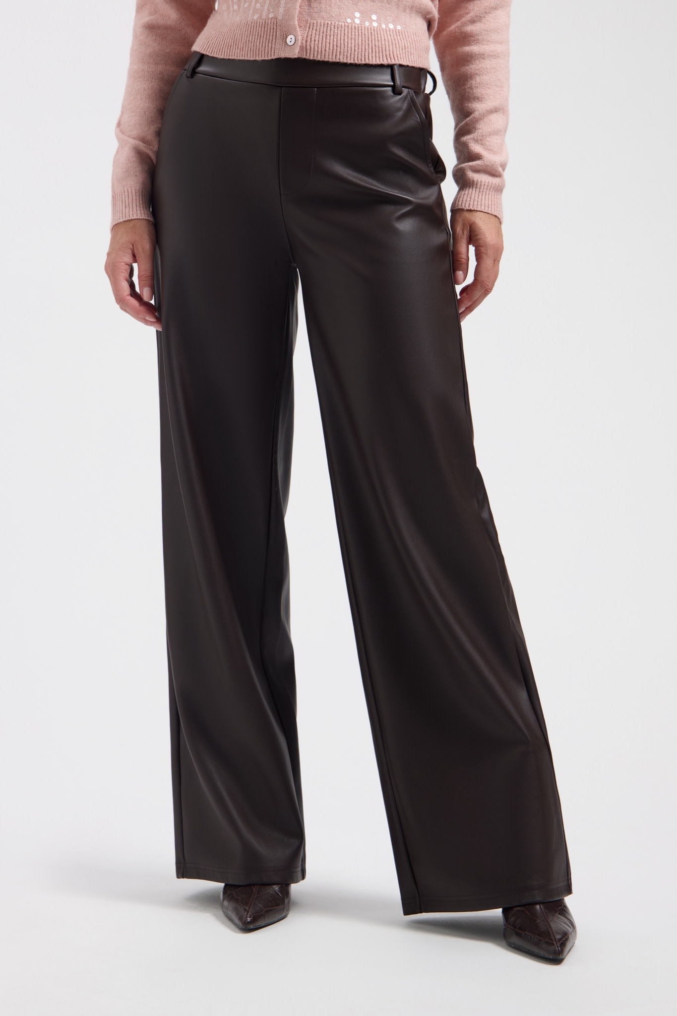 LADY DAY Chelsea wide leg broek leatherlook donkerbruin