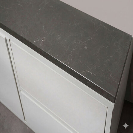 Werkblad marmerlook donkergrijs - kwartscomposiet - gepolijst (glans) - 2 cm dik - op maat - glanzende donkergrijze marmer imitatie van quarts / quartz composiet