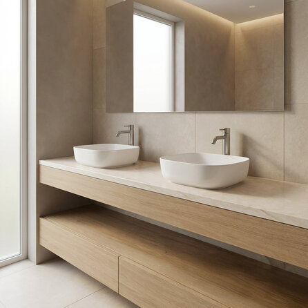 Wastafelblad marmerlook crème - kwartscomposiet - gezoet (mat) - 2 cm dik - op maat - matte taj mahal imitatie van quarts / quartz composiet