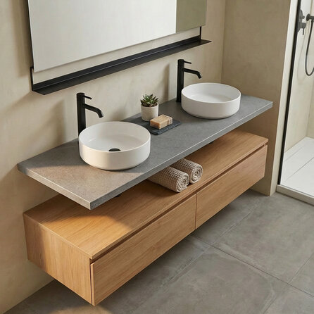 Wastafelblad betonlook grijs - kwartscomposiet - gezoet (mat) - 2 cm dik - op maat - mat grijze beton imitatie van quarts / quartz composiet - voor opzet wasbak / waskom