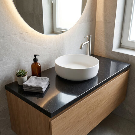 Wastafelblad hardsteen look - kwartscomposiet - gepolijst (glans) - 2 cm dik - op maat - glanzende arduin imitatie van quarts / quartz composiet - voor opzet wasbak / waskom