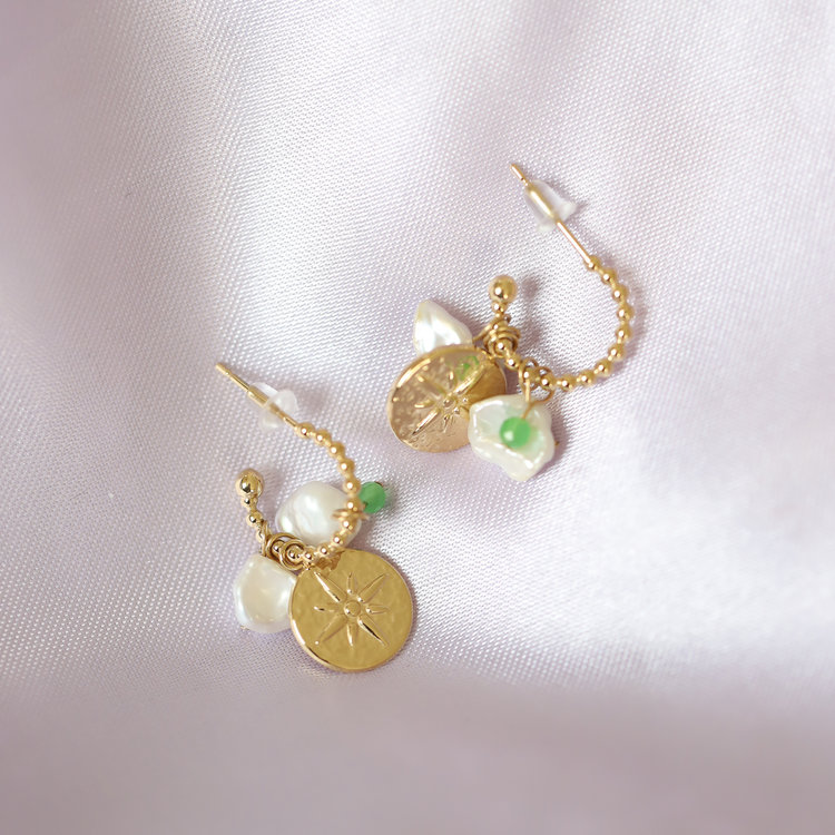 Gold Pearl Beads Coin Earrings