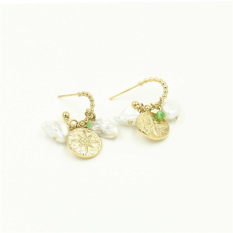 Gold Pearl Beads Coin Earrings