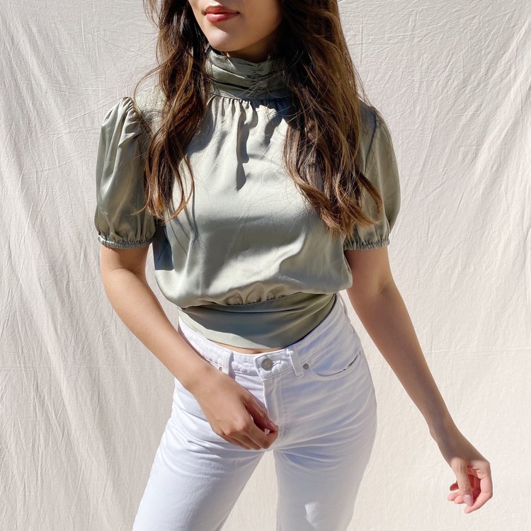 Monica Satin Open Back Top / Olive Green
