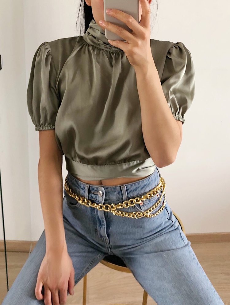 Monica Satin Open Back Top / Olive Green