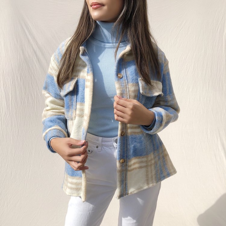 Sasha Checkered Wool Jacket / Light Blue