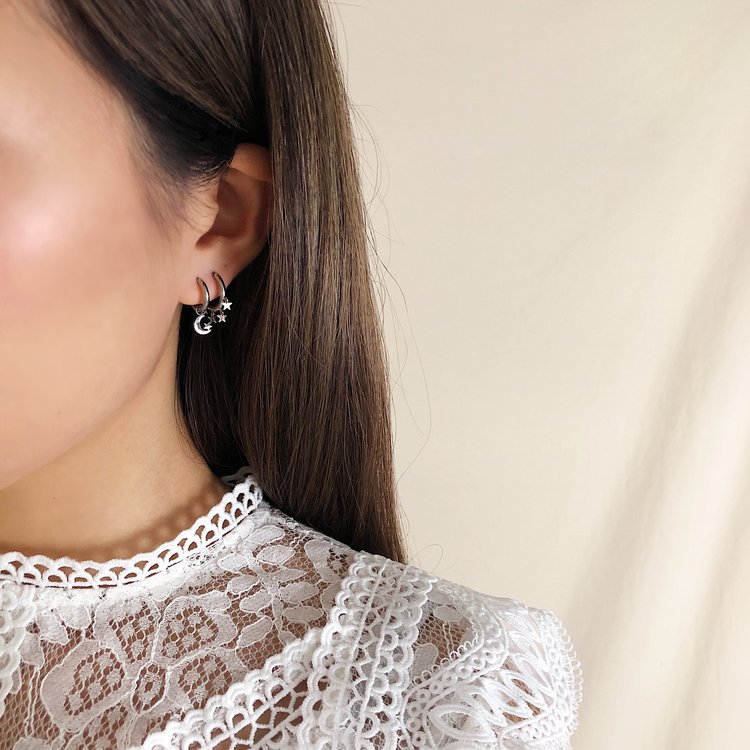 Silver Crescent Moon & Star Earrings