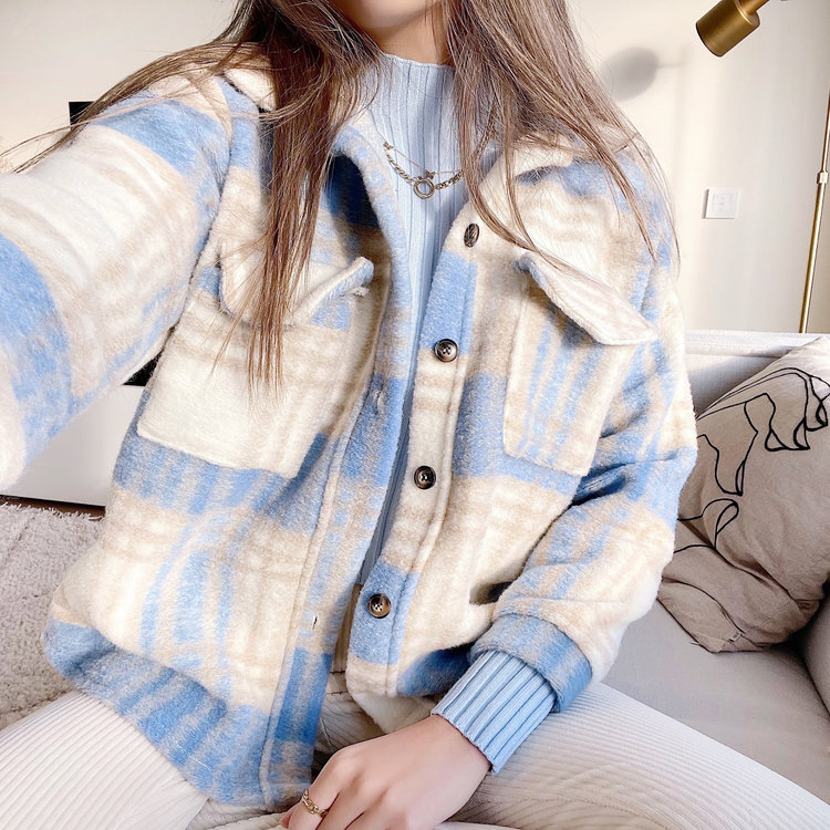 Sasha Checkered Wool Jacket / Light Blue