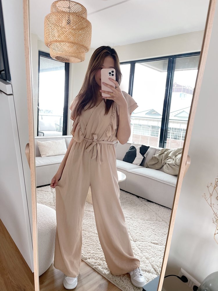 Reya Ruffle Wide Leg Jumpsuit / Beige