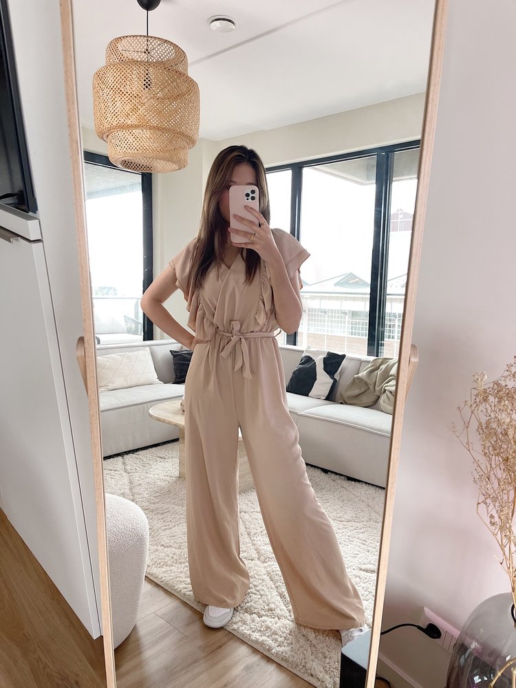 Reya Ruffle Wide Leg Jumpsuit / Beige