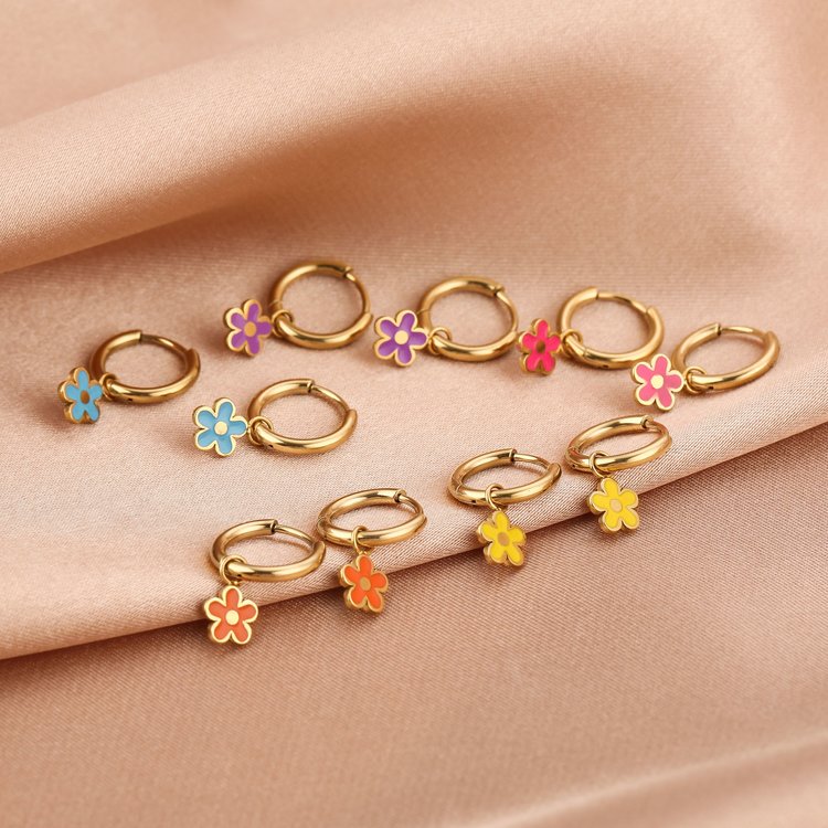 Gold Spring Flower Earrings / Purple