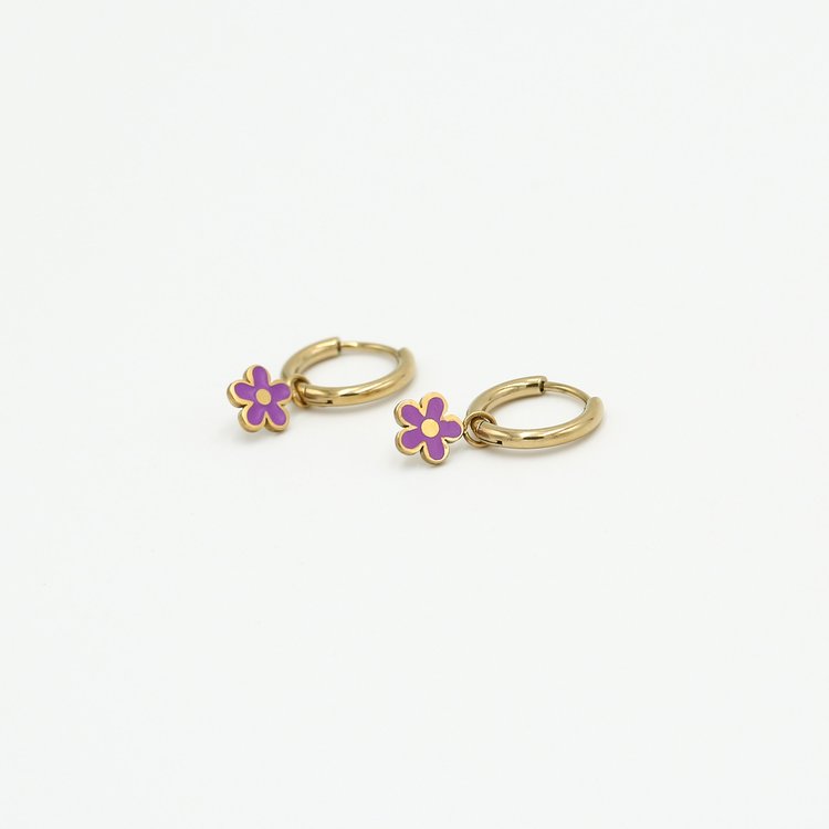 Gold Spring Flower Earrings / Purple