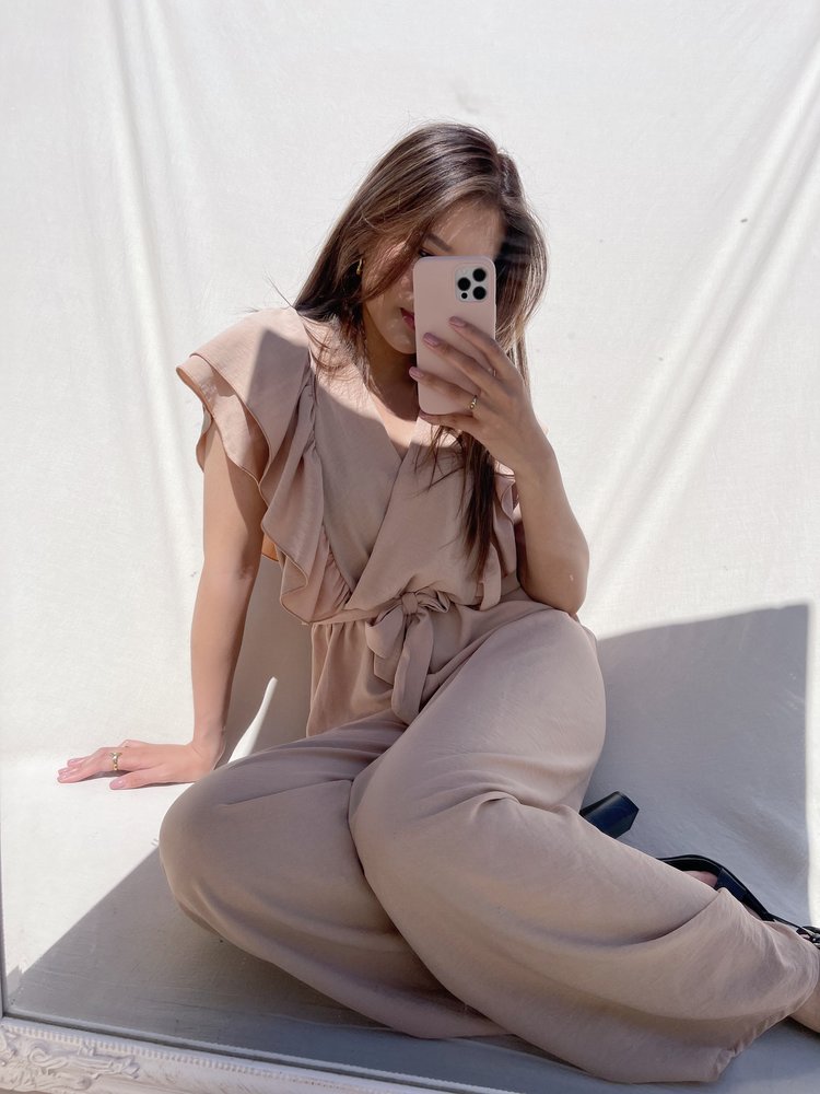 Reya Ruffle Wide Leg Jumpsuit / Beige