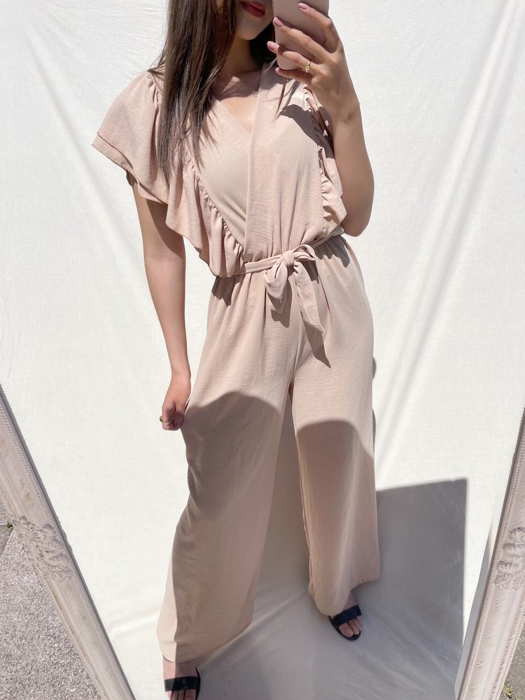 Reya Ruffle Wide Leg Jumpsuit / Beige