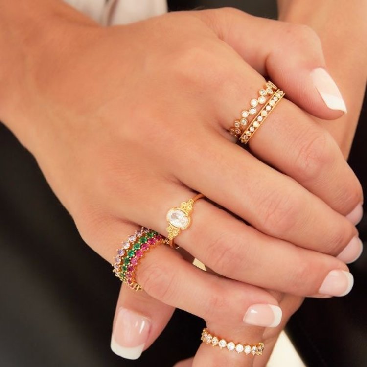 Gold Shiny Crystals Ring / Green