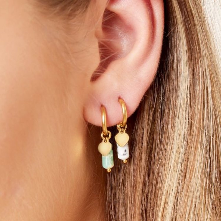 Gold Heart Marble Stone Earrings / Green