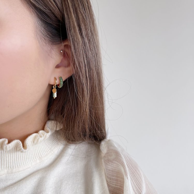 Gold Heart Marble Stone Earrings / Green