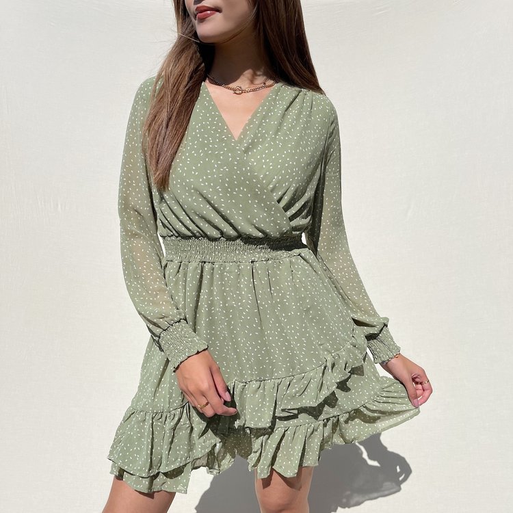 Filippa Dots Ruffle Dress / Sage Green