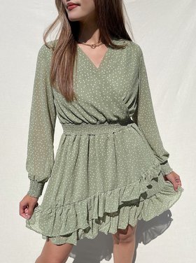 Filippa Dots Ruffle Dress / Sage Green