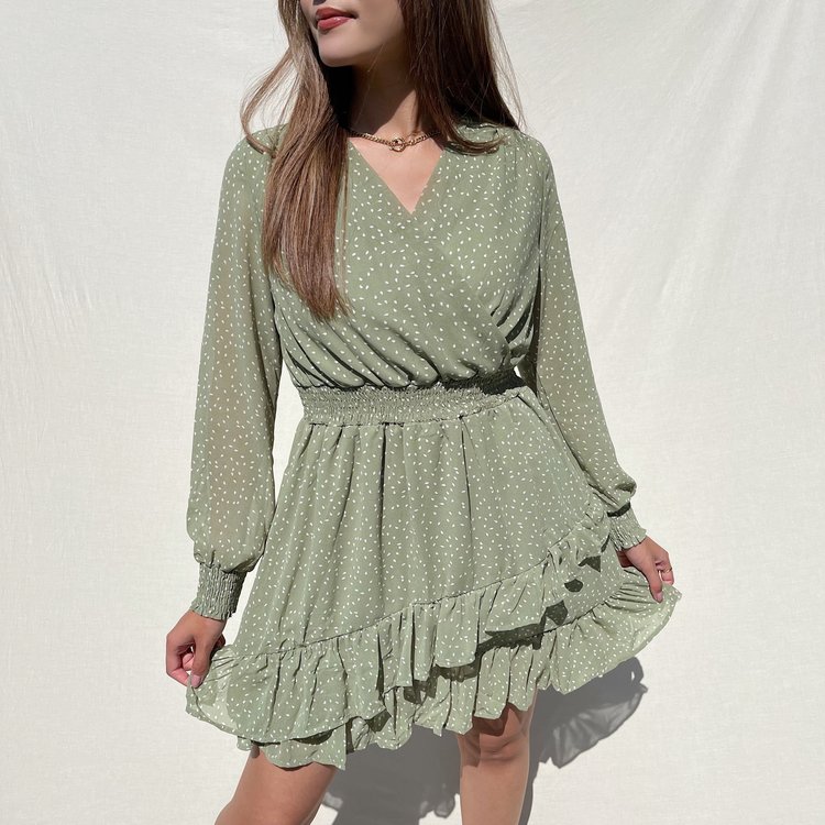 Filippa Dots Ruffle Dress / Sage Green