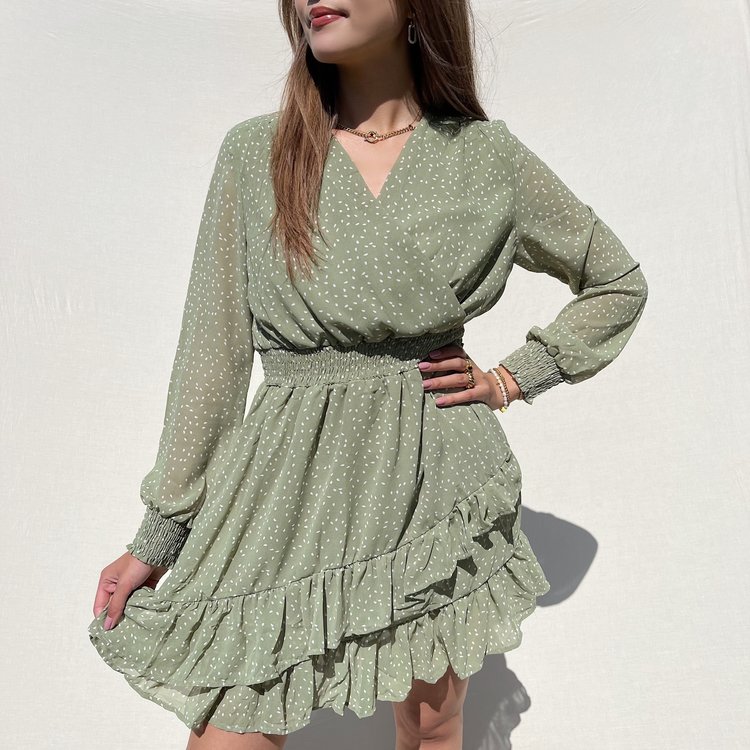 Filippa Dots Ruffle Dress / Sage Green