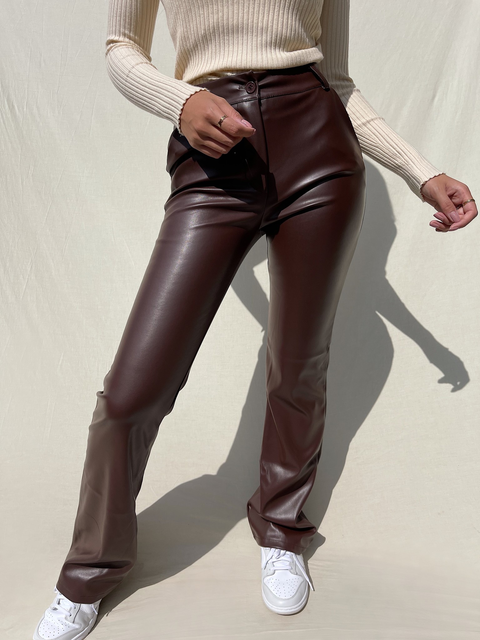 Khai Faux Leather Flared Trousers / Brown - Hello My Love