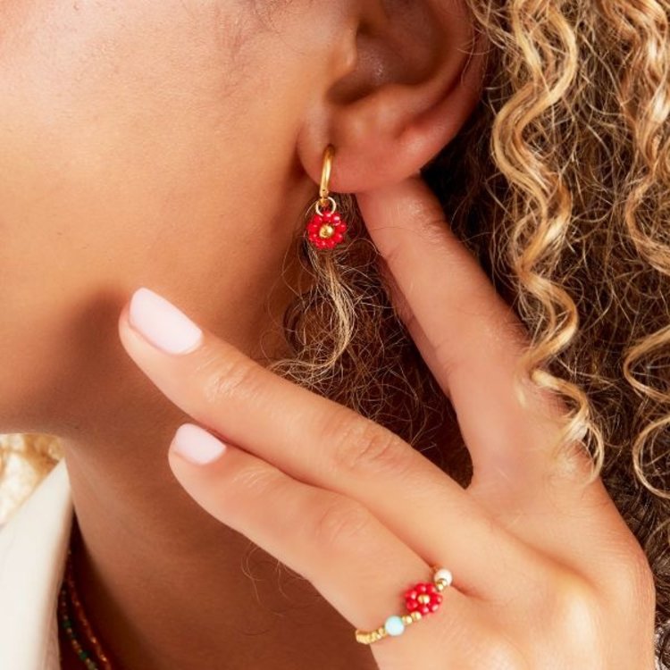 Gold Beaded Flower Earrings / Turquoise