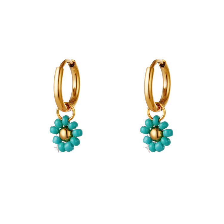 Gold Beaded Flower Earrings / Turquoise