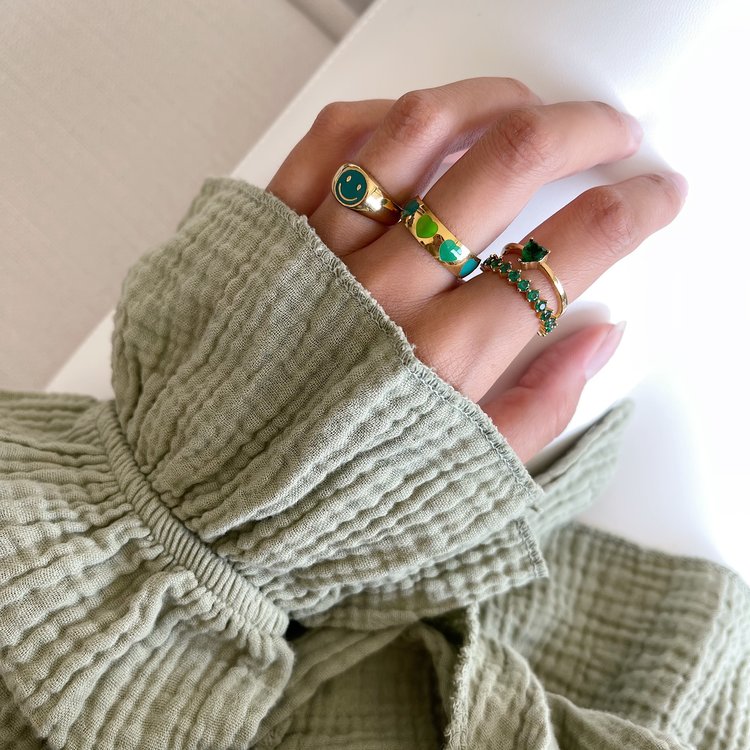 Gold Colorful Hearts Ring / Green