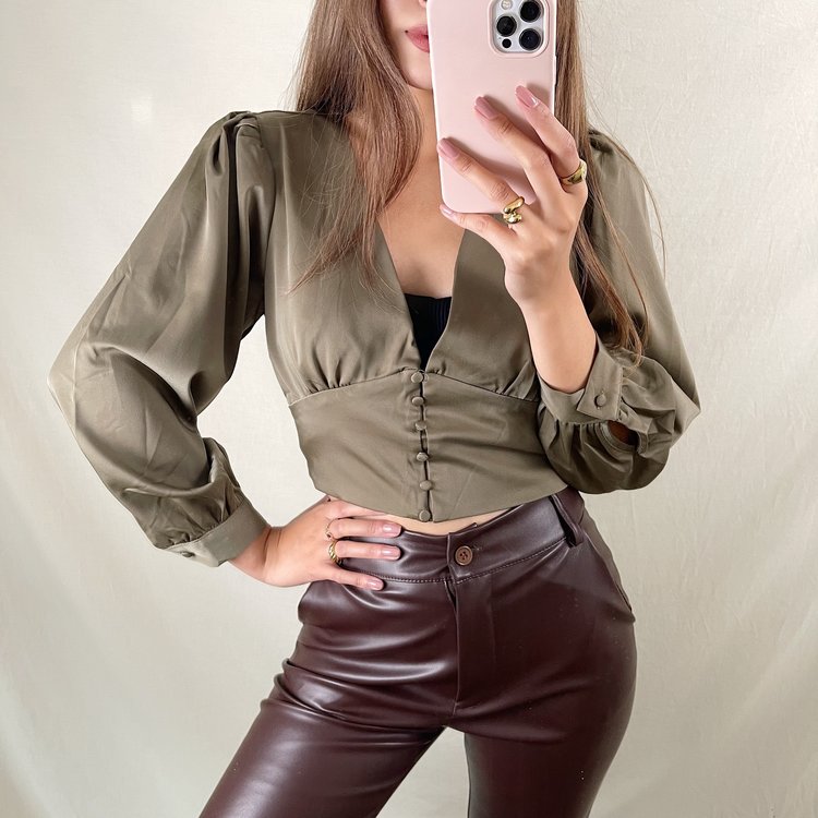 Keena Satin Crop Top / Olive Green