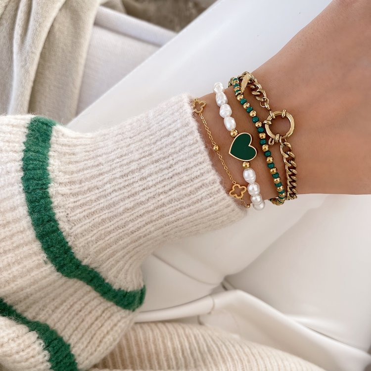 Gold Heart Pearl Bracelet / Green