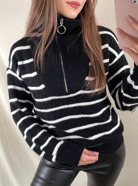 Elena Striped Zip Sweater / Black