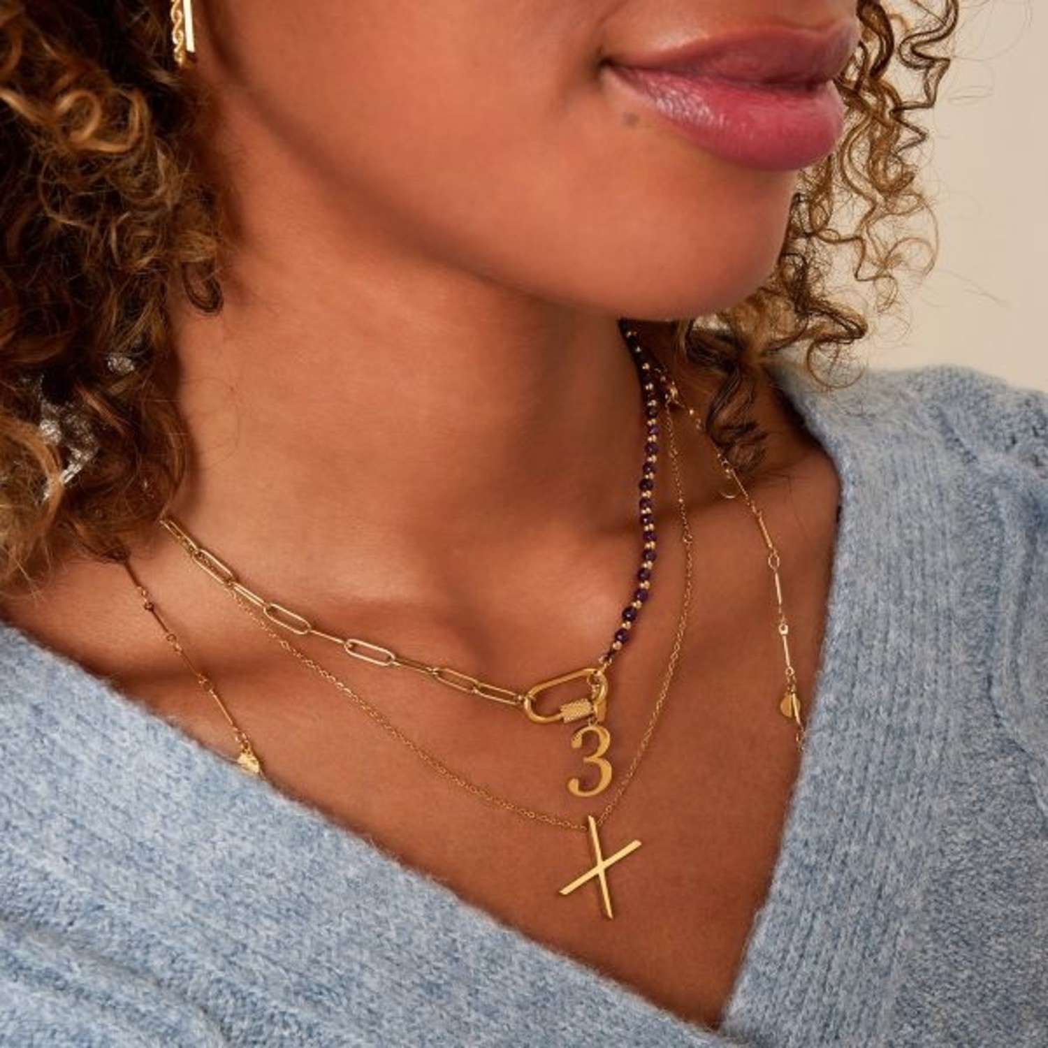 Gold Carabiner Beads Necklace / Green 