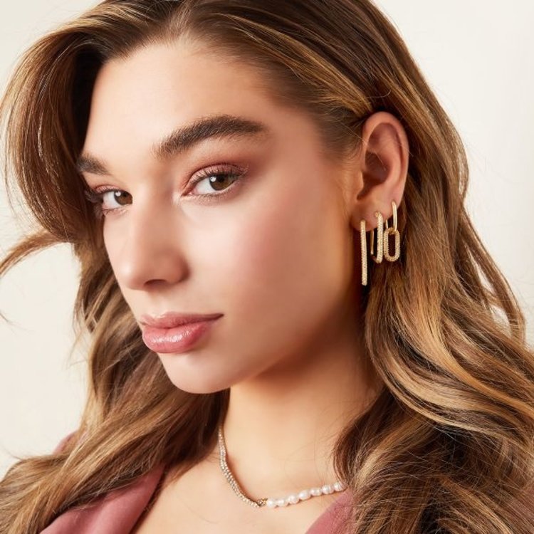 Gold Crystal Square Earrings / White