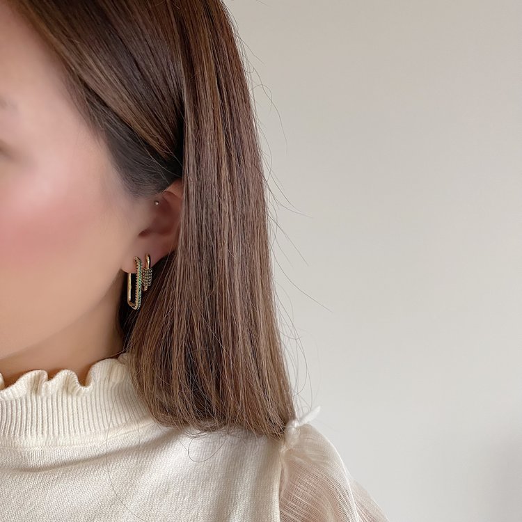 Gold Crystal Square Earrings / Green