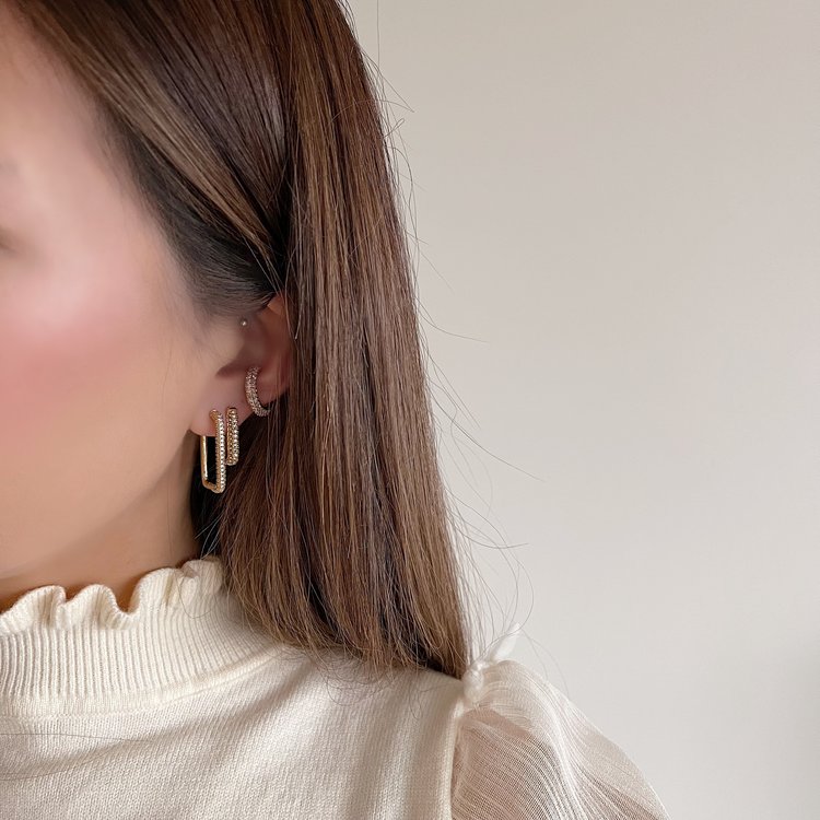 Gold Crystal Square Earrings / White