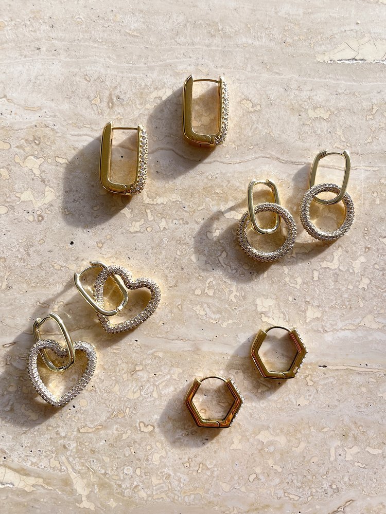 Gold Sparkle Square Earrings / White Large